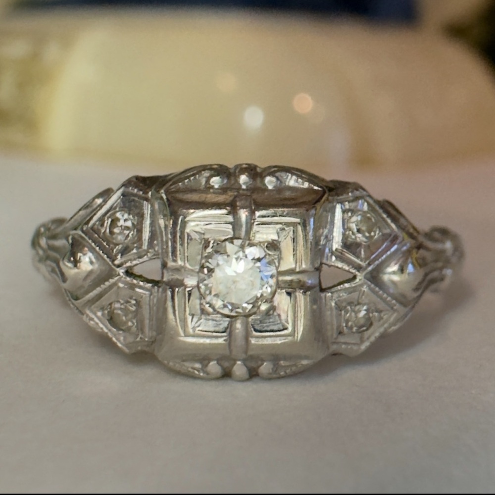 Antique 14K Gold Diamond Engagement Ring & Wedding Band 10K Gold Estate Art Deco - Picture 7 of 14